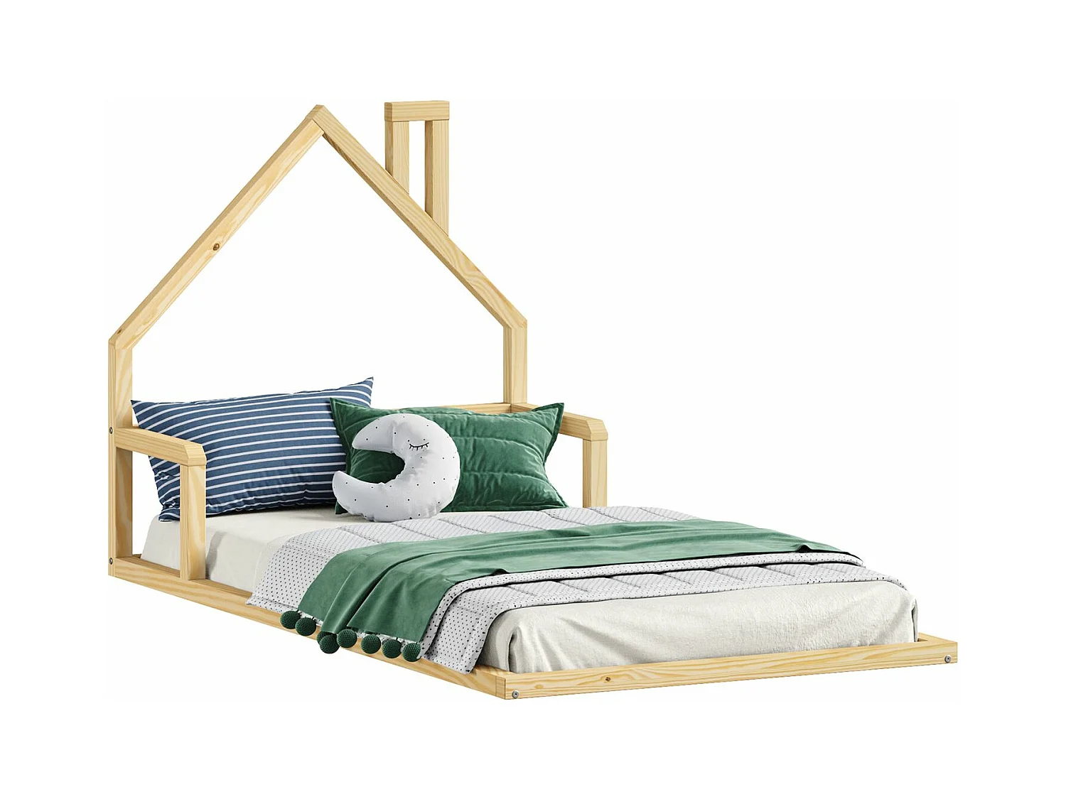 Lit enfant ELOA au sol 90x200 cm de type Montessori, tête de lit en forme de maison, en bois massif naturel
