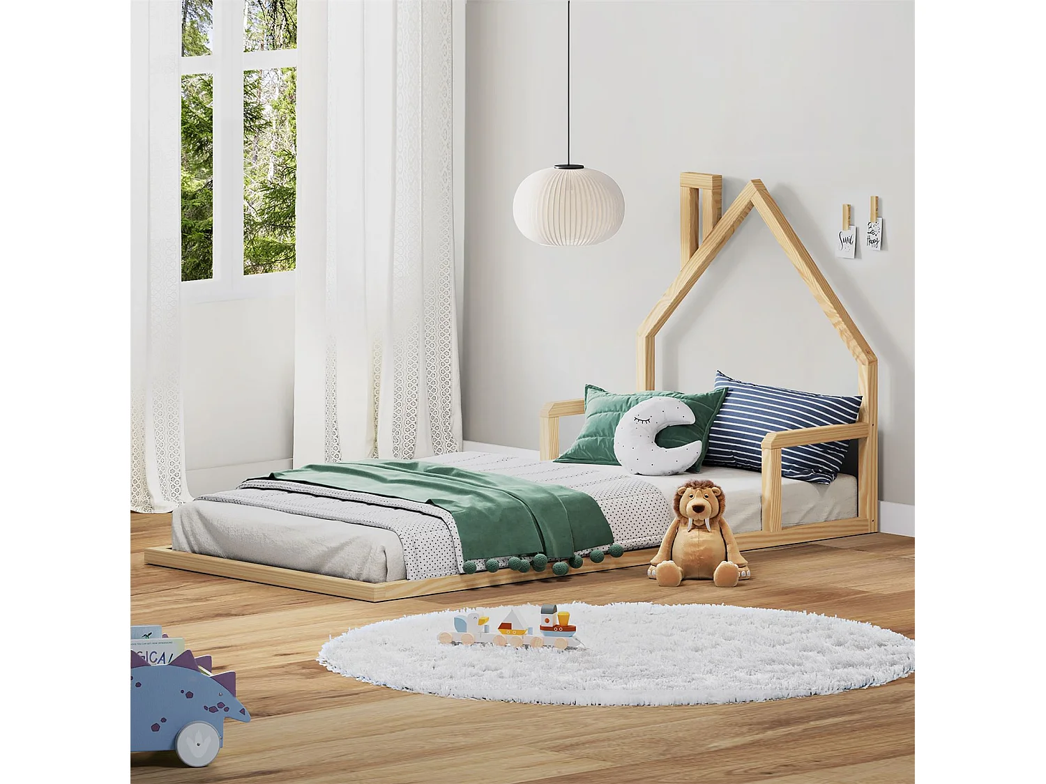 Lit enfant ELOA au sol 90x200 cm de type Montessori, tête de lit en forme de maison, en bois massif naturel