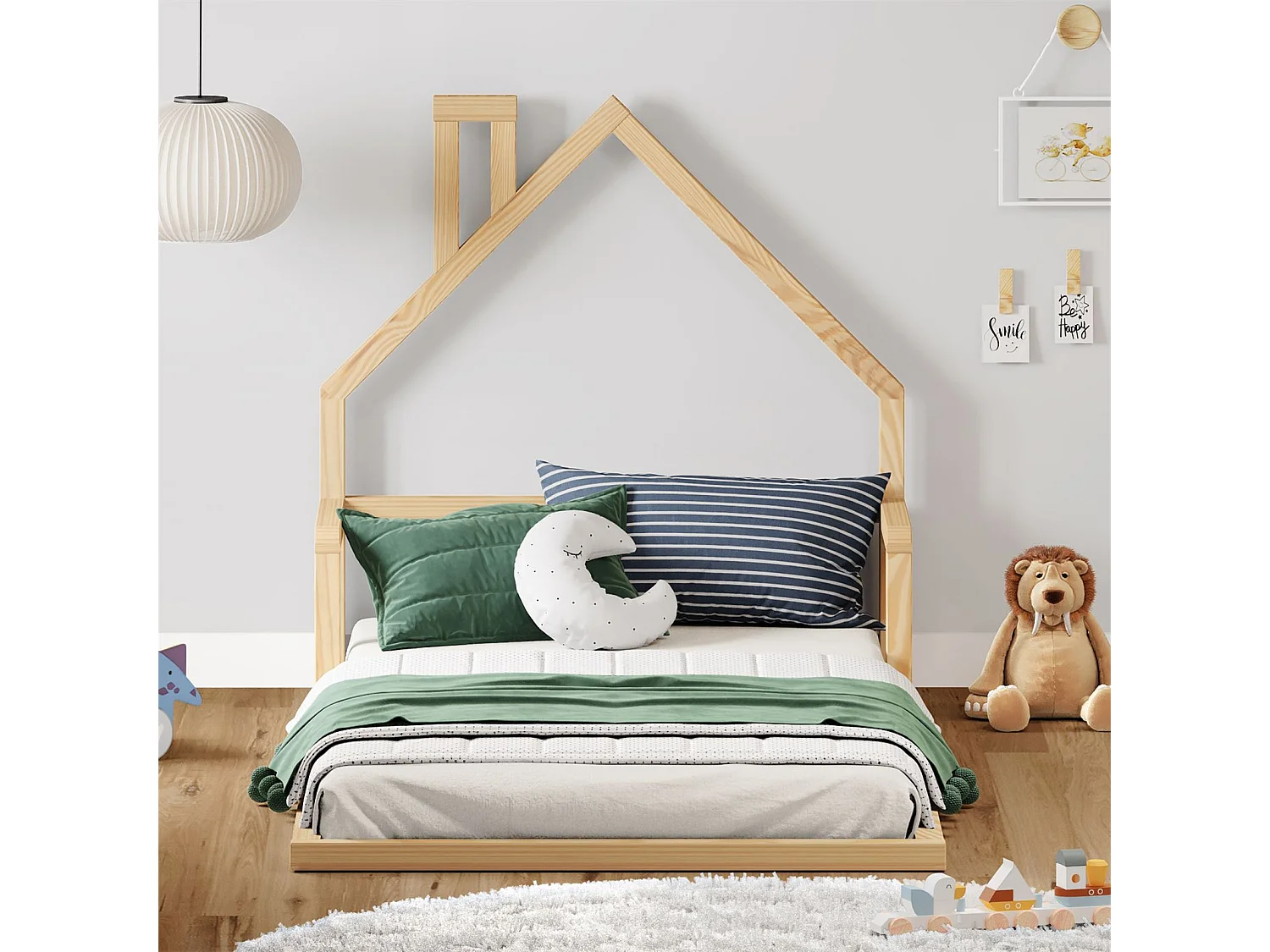 Lit enfant ELOA au sol 90x200 cm de type Montessori, tête de lit en forme de maison, en bois massif naturel