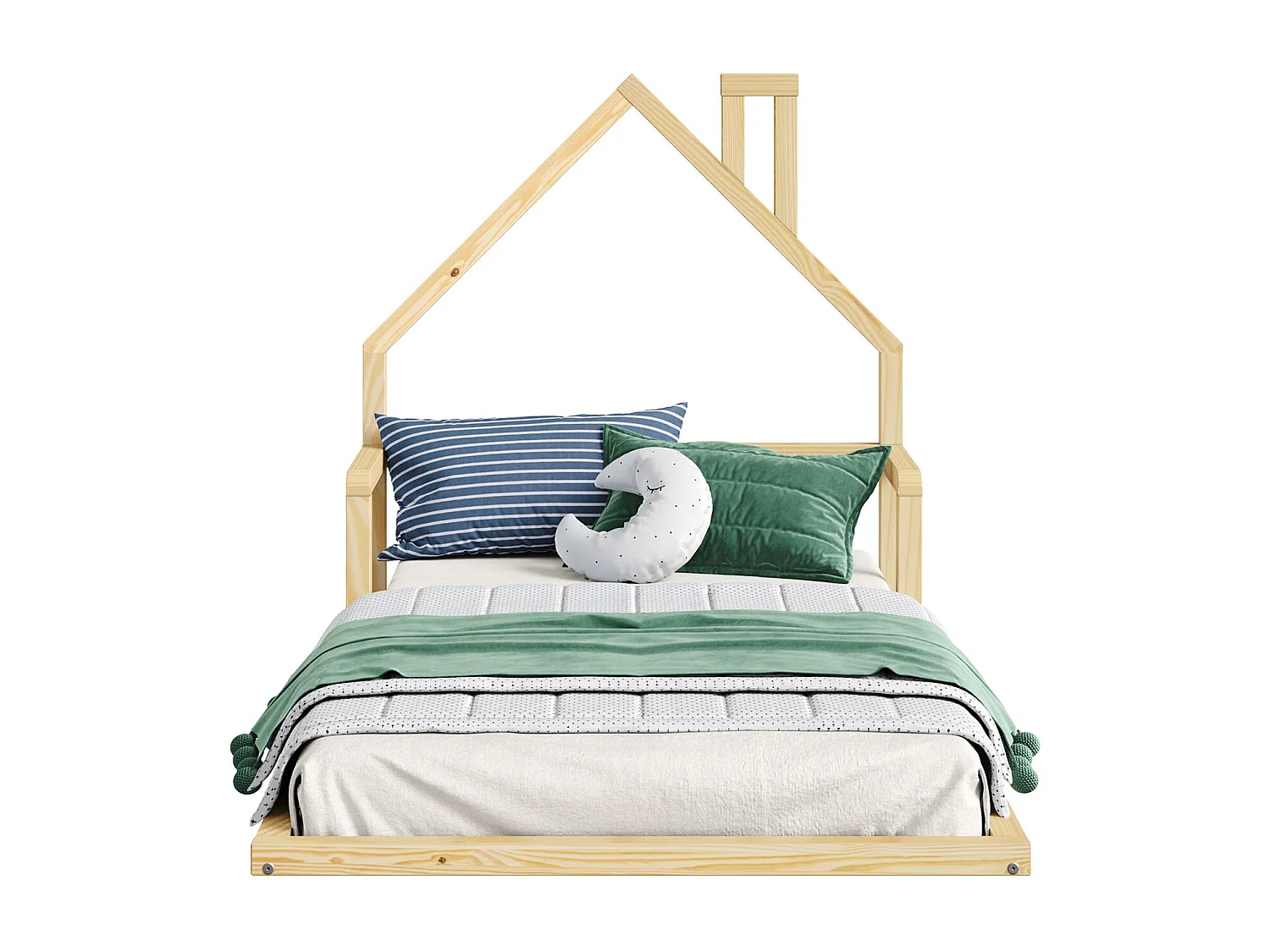 Lit enfant ELOA au sol 90x200 cm de type Montessori, tête de lit en forme de maison, en bois massif naturel