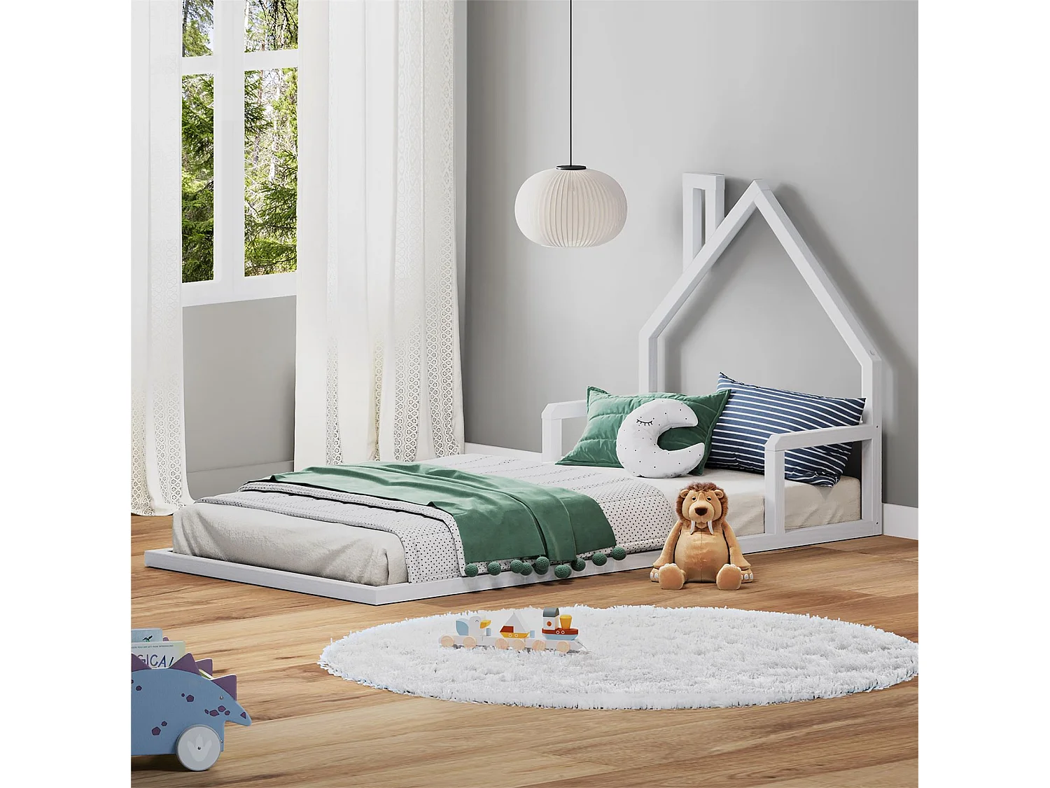Lit enfant ELOA au sol 90x200 cm de type Montessori, tête de lit en forme de maison, en bois massif lasuré blanc