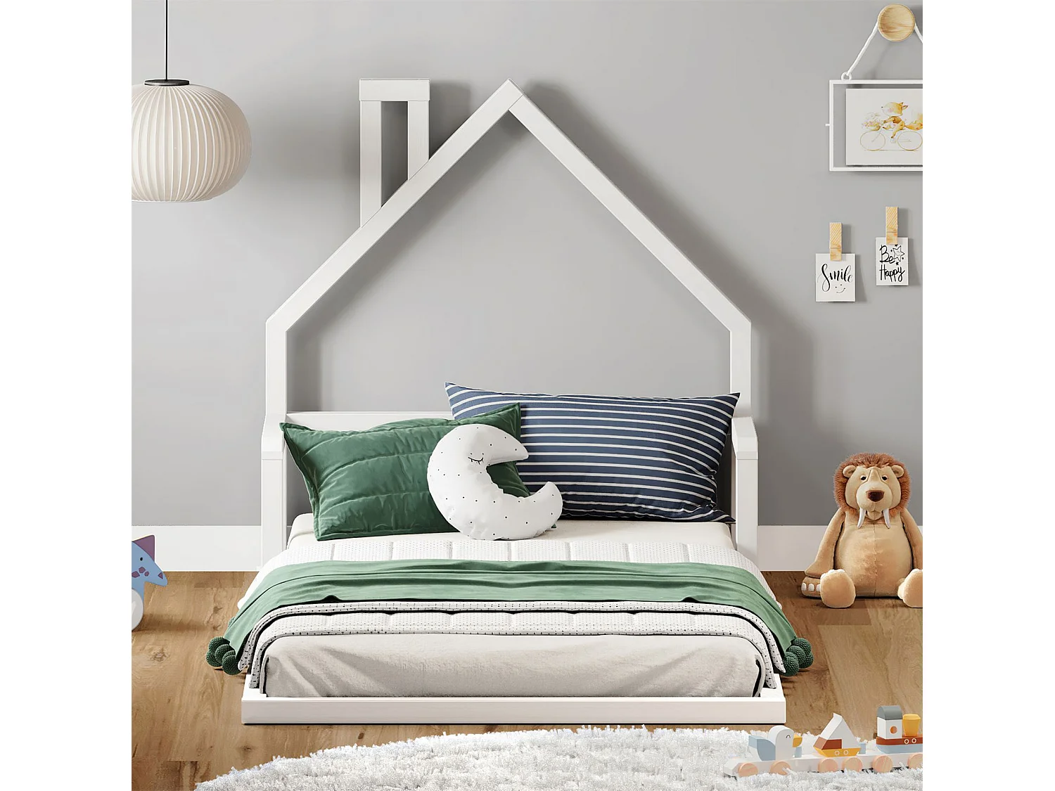 Lit enfant ELOA au sol 90x200 cm de type Montessori, tête de lit en forme de maison, en bois massif lasuré blanc