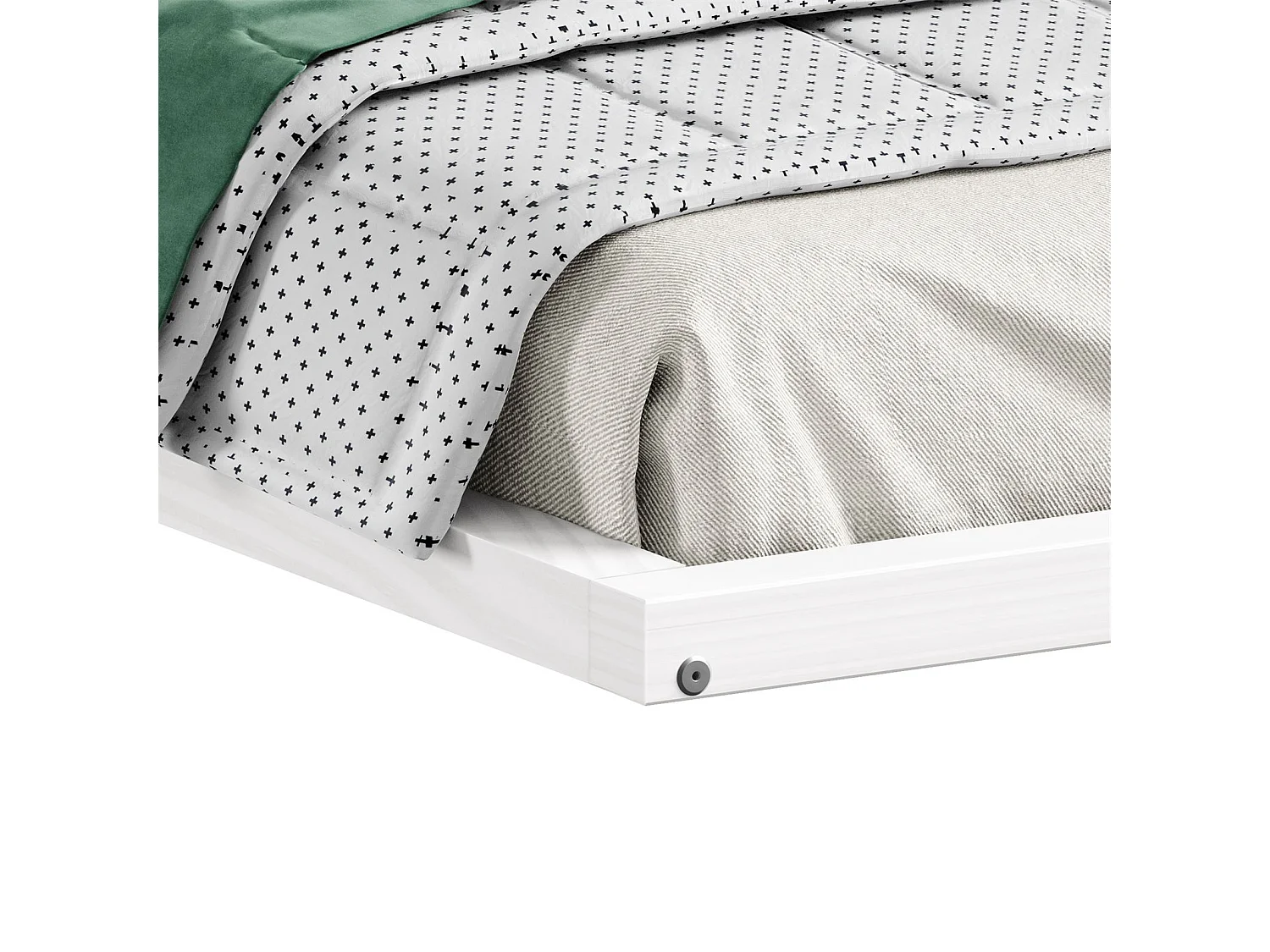 Lit enfant ELOA au sol 90x200 cm de type Montessori, tête de lit en forme de maison, en bois massif lasuré blanc