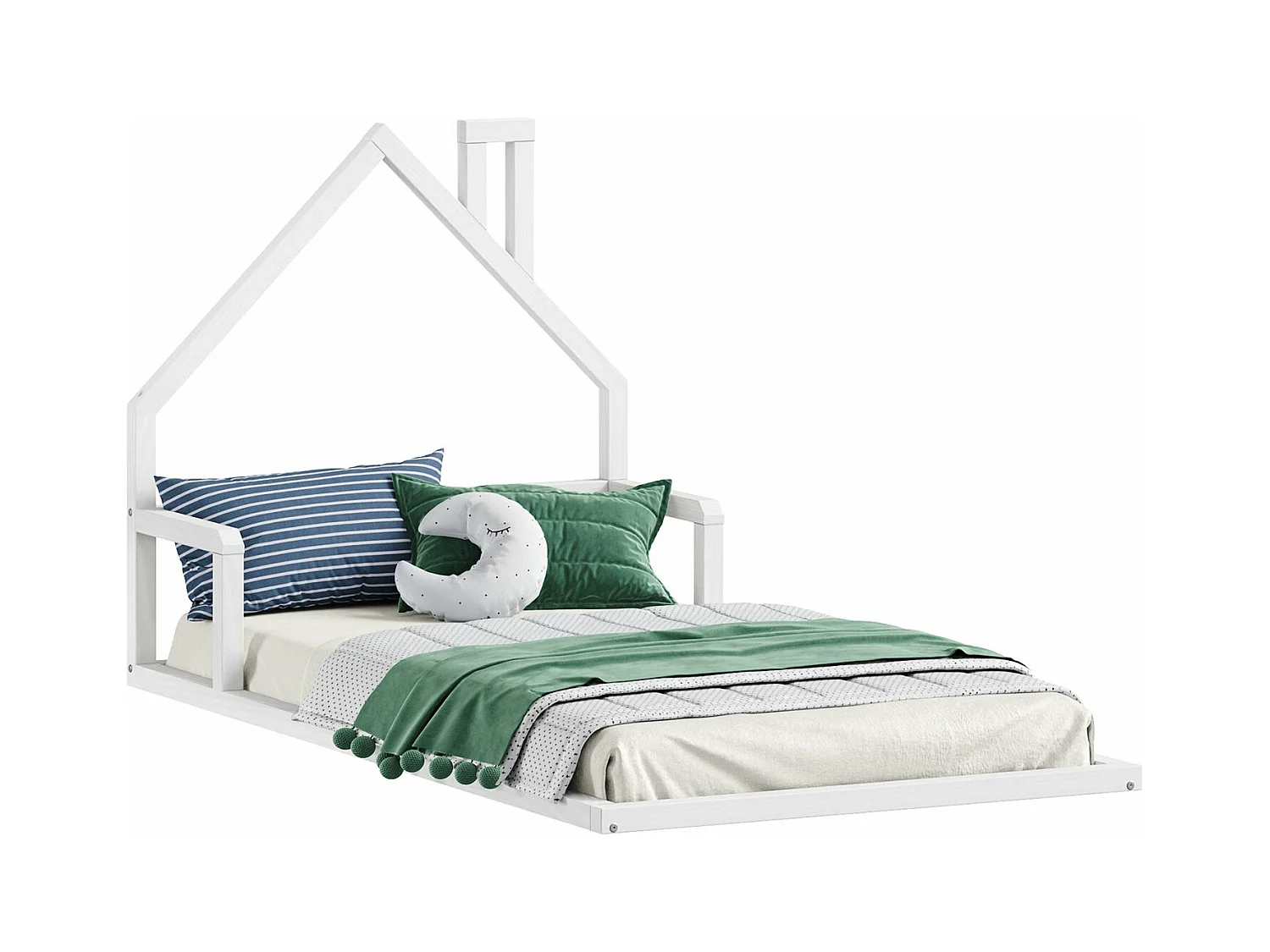 Lit enfant ELOA au sol 90x200 cm de type Montessori, tête de lit en forme de maison, en bois massif lasuré blanc