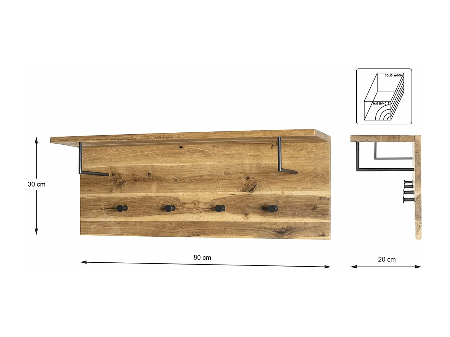 Garderobe murale, Patère murale en bois coloris chêne huilé et métal noir  -longueur 80 x profondeur 20 x hauteur 30 cm
