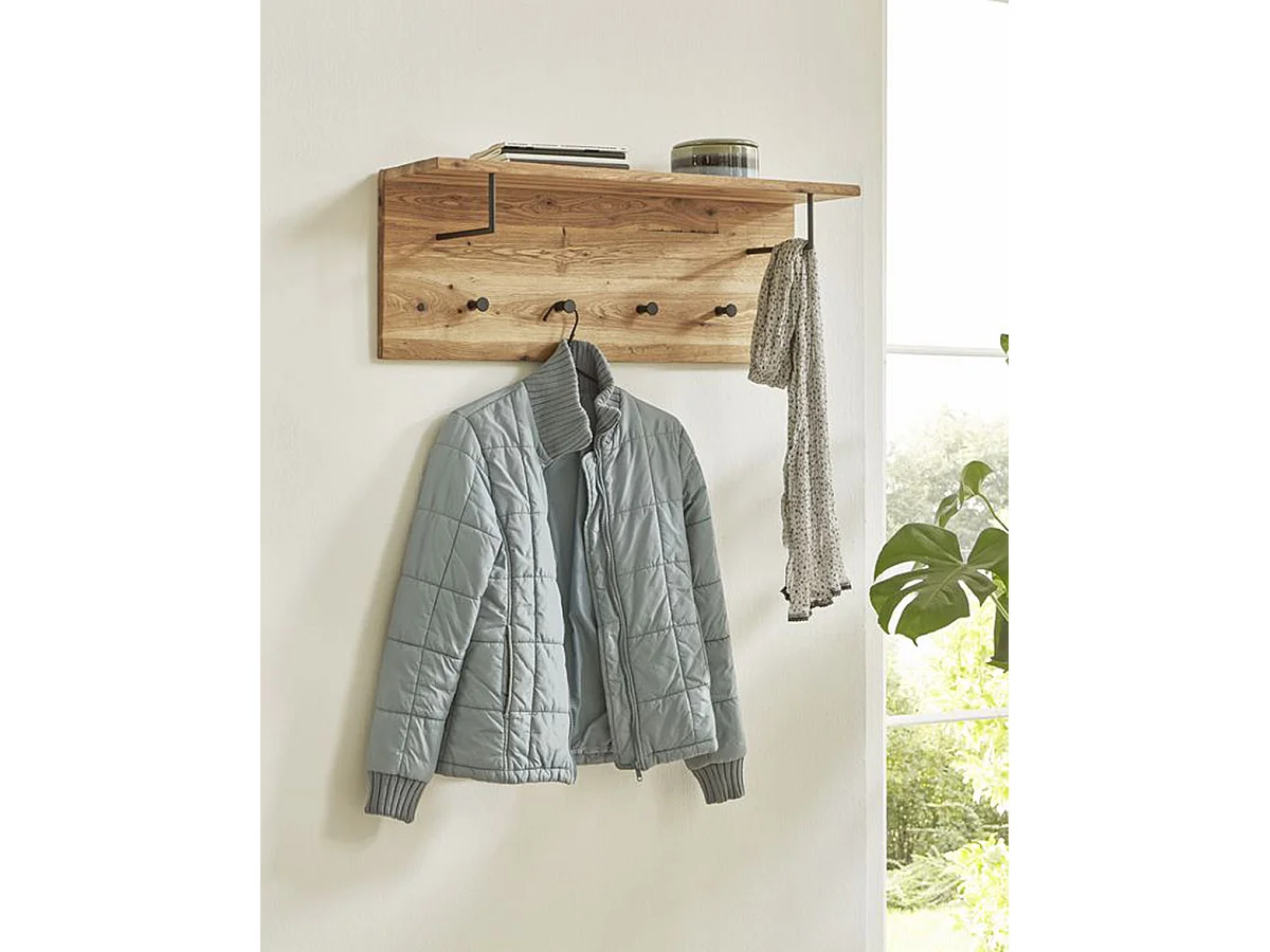 Garderobe murale, Patère murale en bois coloris chêne huilé et métal noir  -longueur 80 x profondeur 20 x hauteur 30 cm