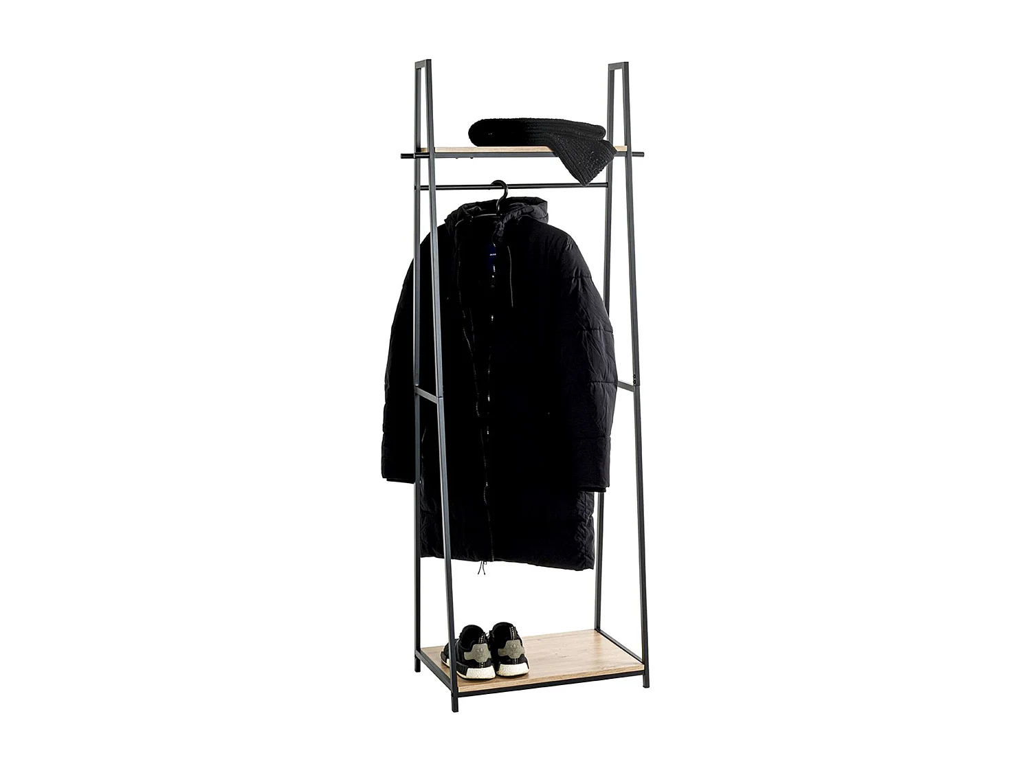 Porte-manteau en bois coloris chêne et métal noir  - longueur 68 x profondeur 40 x hauteur 166 cm