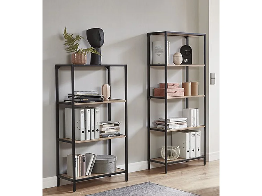 Meuble étagère, meuble de rangement en bois coloris chêne et métal noir  -longueur 64 x profondeur 35 x hauteur 167 cm