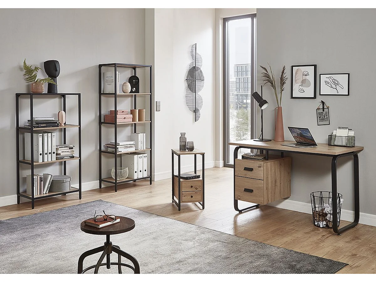 Meuble étagère, meuble de rangement en bois coloris chêne et métal noir  -longueur 64 x profondeur 35 x hauteur 167 cm