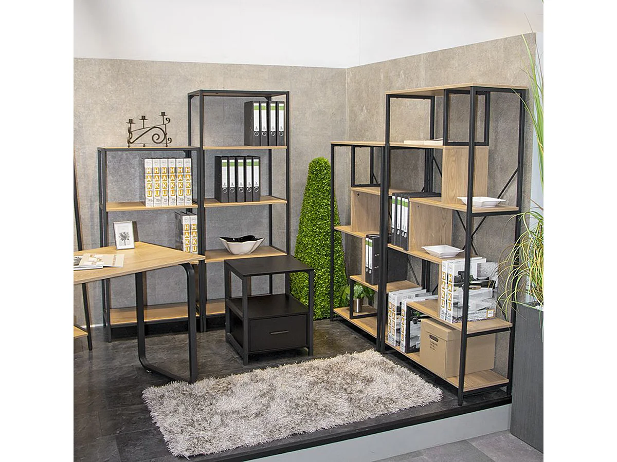 Meuble étagère, meuble de rangement en bois coloris chêne et métal noir  -longueur 64 x profondeur 35 x hauteur 167 cm