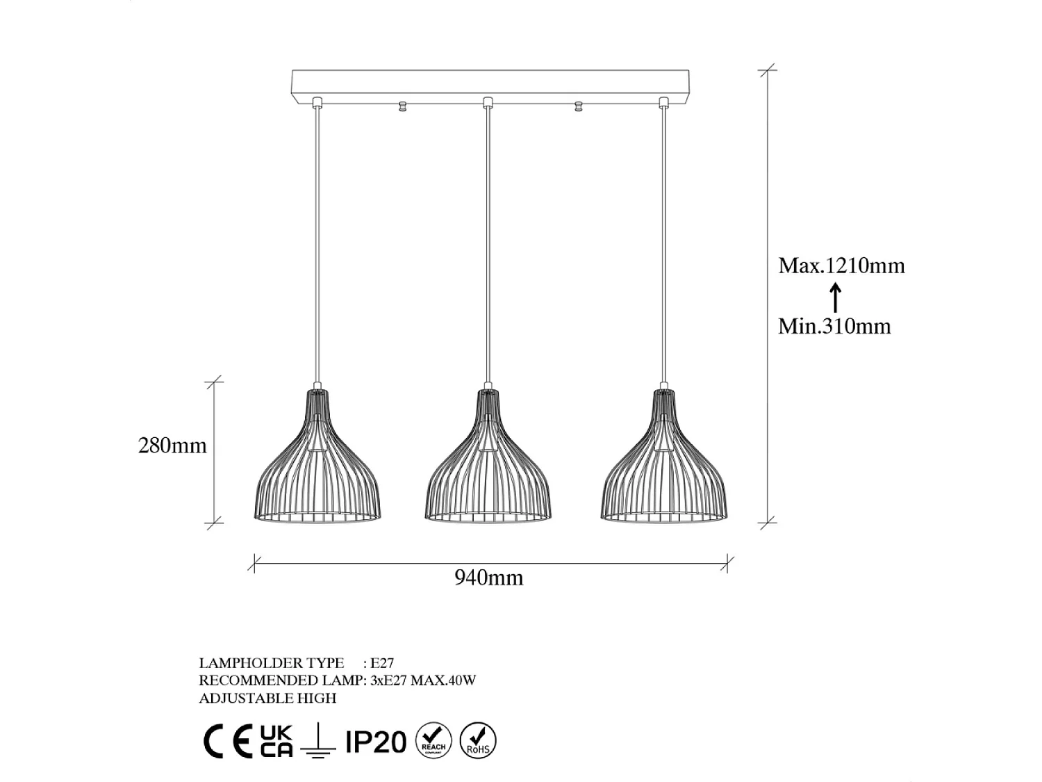 Zwarte metalen plafondlamp MARIE - 3 lampen, modern en minimalistisch design