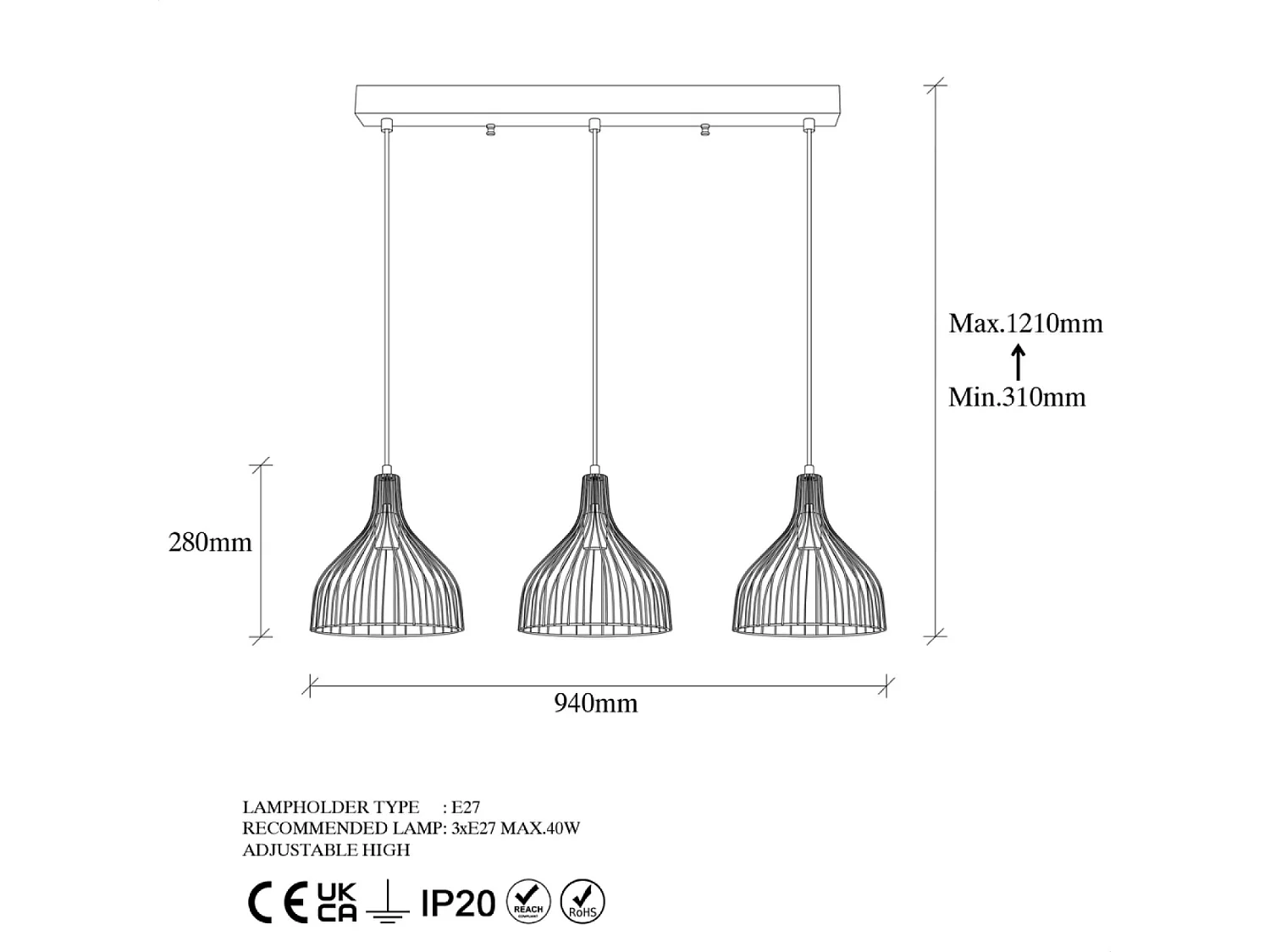 Plafonnier en métal noir - 3 lampes MARIE