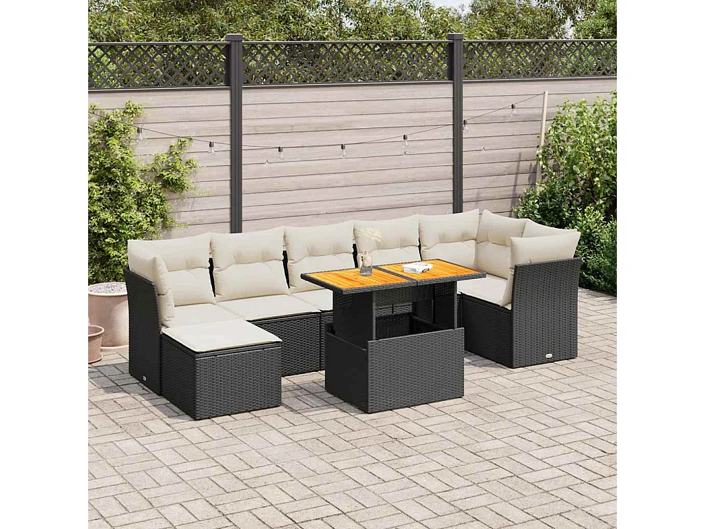 8-tlg. Garten-Sofagarnitur mit Kissen Schwarz Poly Rattan