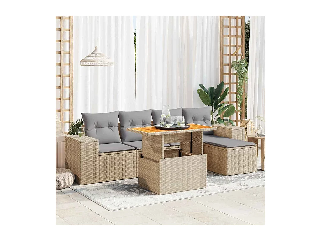 Salon de jardin avec coussins 6 pcs beige résine tressée