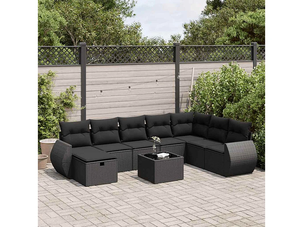 9 pcs conjunto de sofás p/ jardim c/ almofadões vime PE preto