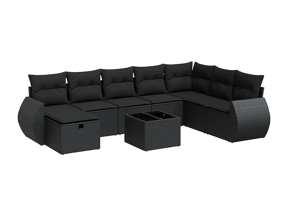 9 pcs conjunto de sofás p/ jardim c/ almofadões vime PE preto