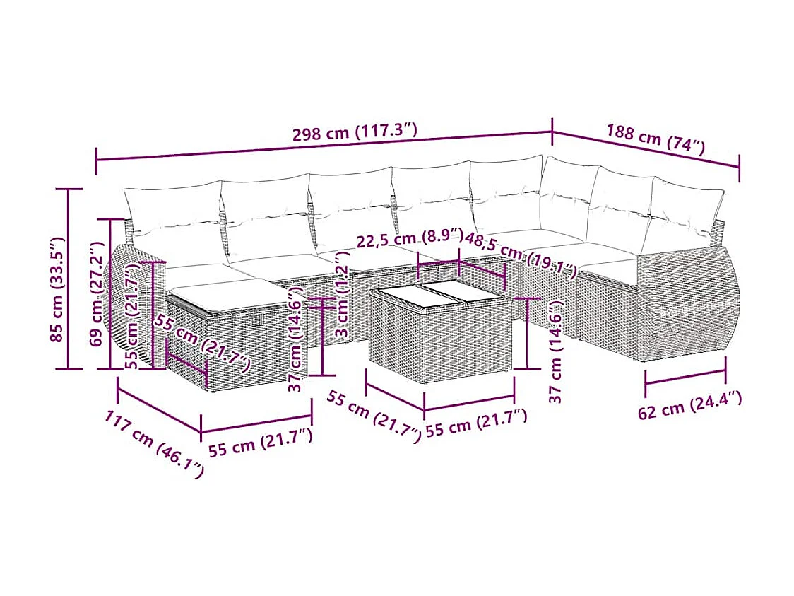 9 pcs conjunto de sofás p/ jardim c/ almofadões vime PE preto