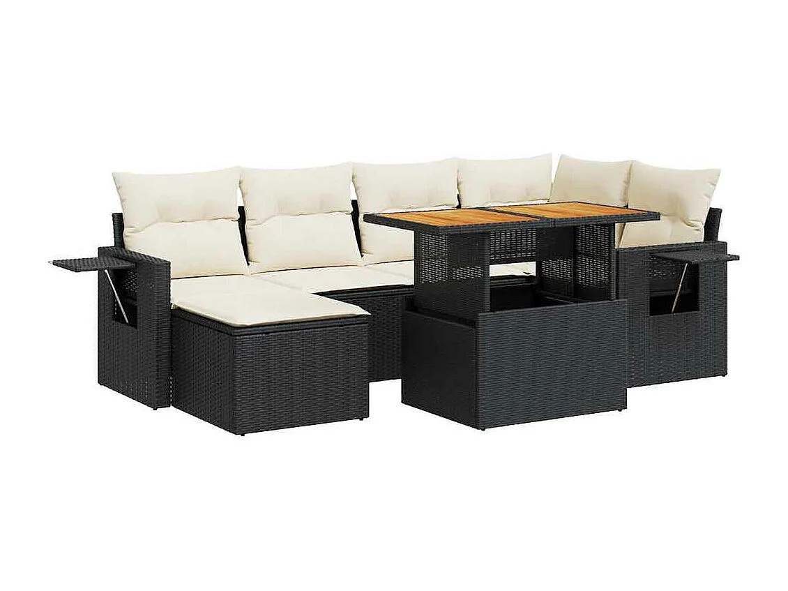 Salon de jardin 7 pcs avec coussins noir résine tressée