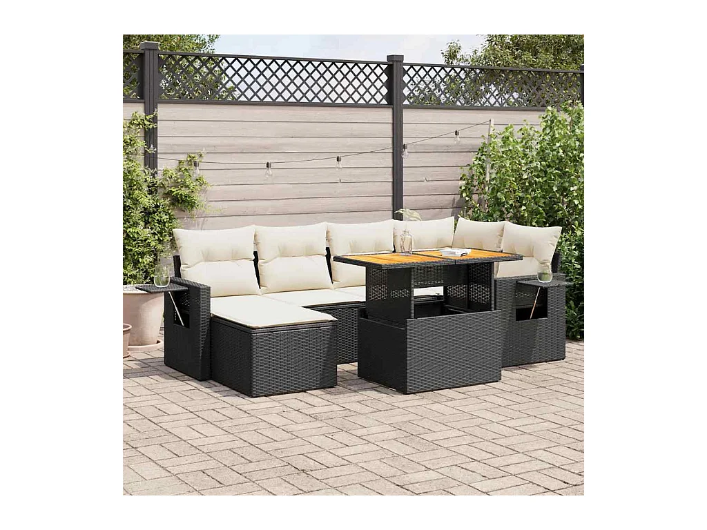 Salon de jardin 7 pcs avec coussins noir résine tressée