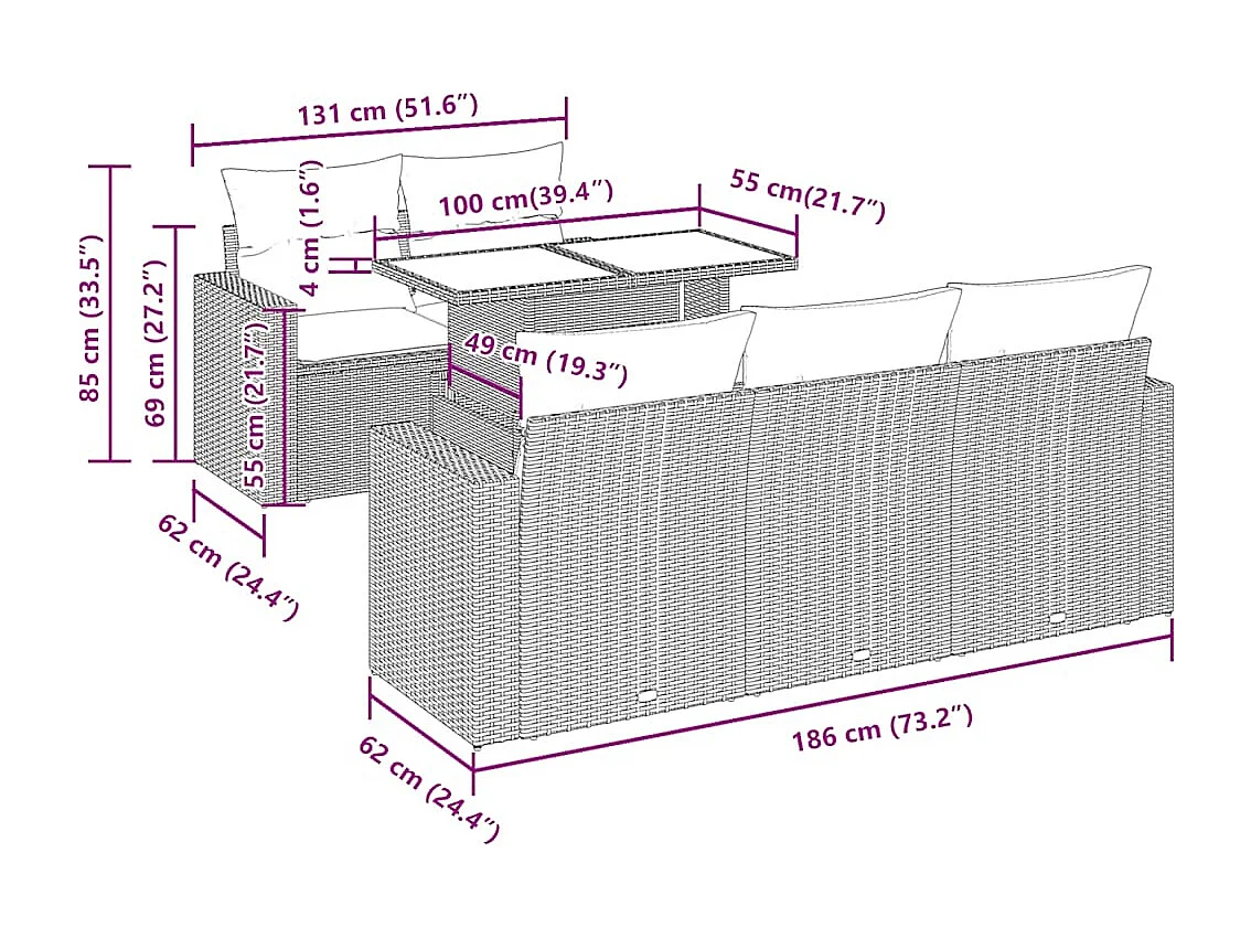 7-tlg. Garten-Sofagarnitur mit Kissen Hellgrau Poly Rattan