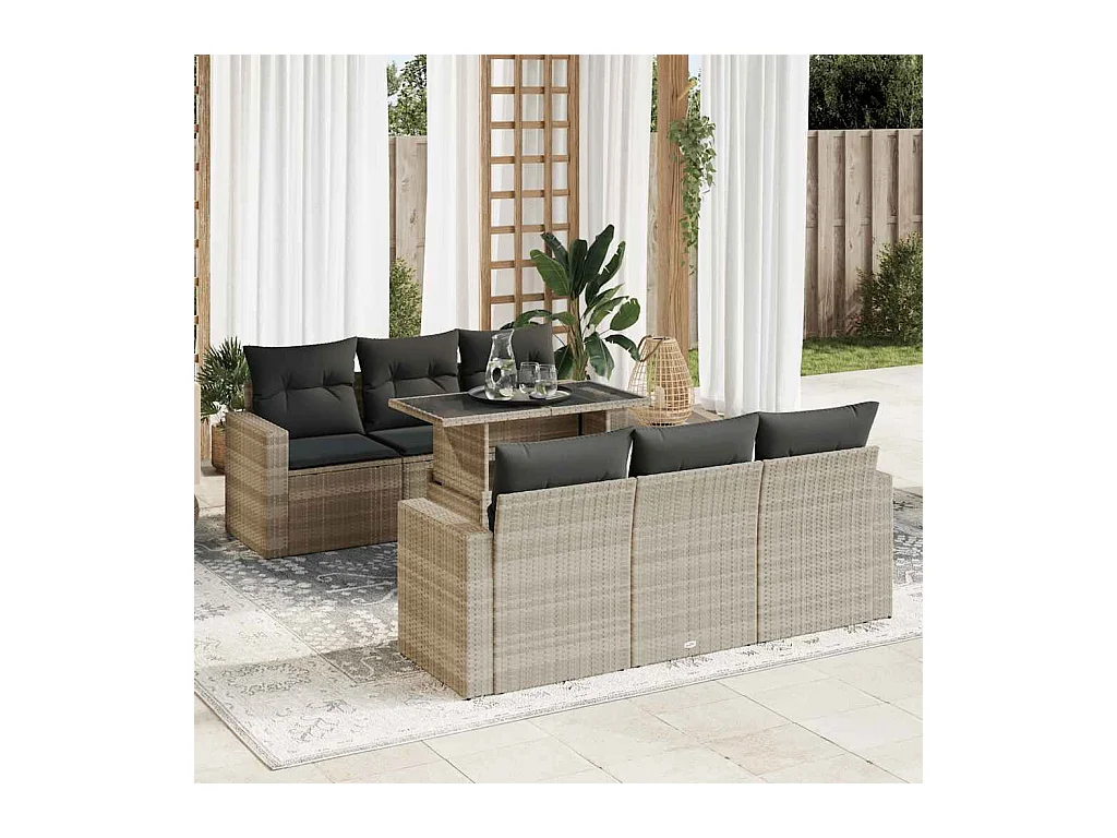 Salon de jardin avec coussins 7 pcs gris clair résine tressée