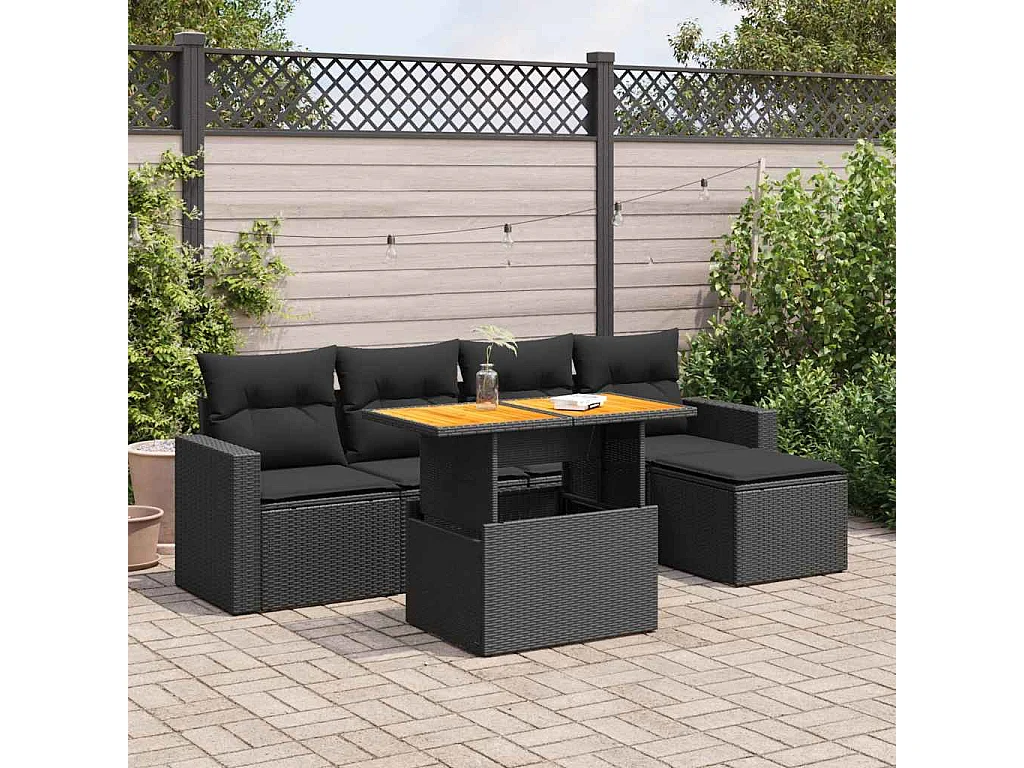 6-tlg. Garten-Sofagarnitur mit Kissen Schwarz Poly Rattan