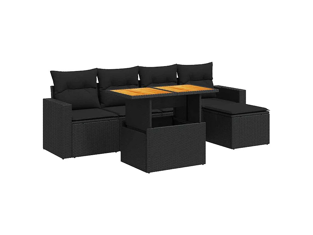 6-tlg. Garten-Sofagarnitur mit Kissen Schwarz Poly Rattan