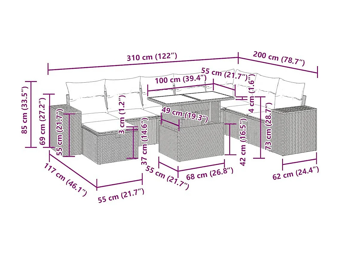 Set de sofás de jardín con cojines 9 pzas ratán sintético beige