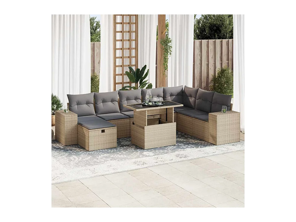 Salon de jardin avec coussins 9 pcs beige résine tressée