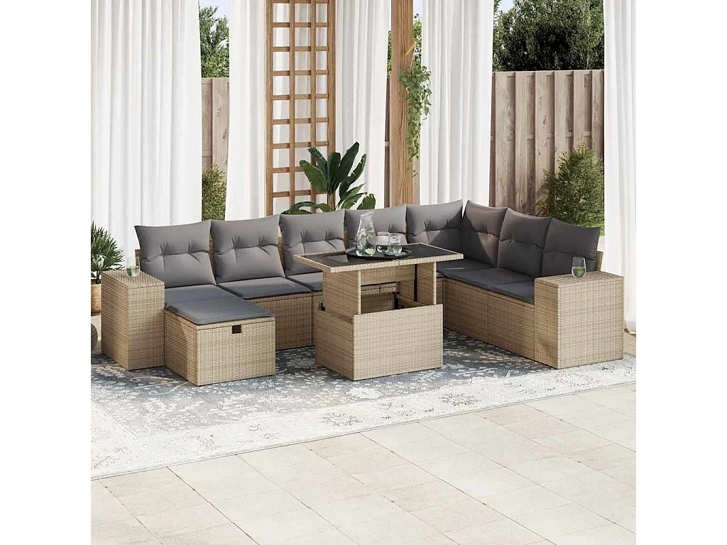 9-delige Loungeset met kussens poly rattan beige