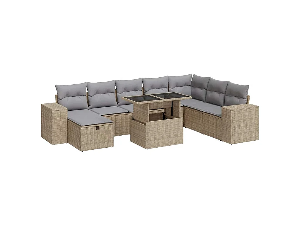 9-delige Loungeset met kussens poly rattan beige