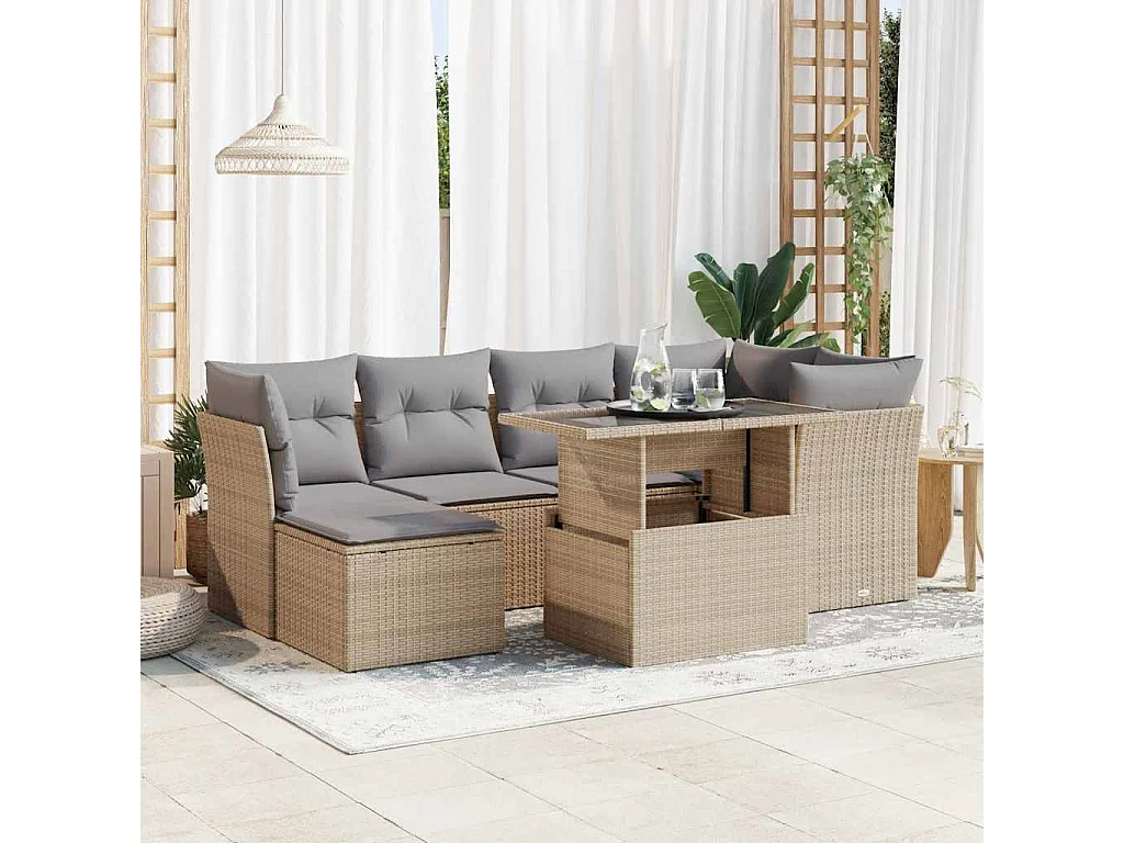 7-delige Loungeset met kussens poly rattan beige