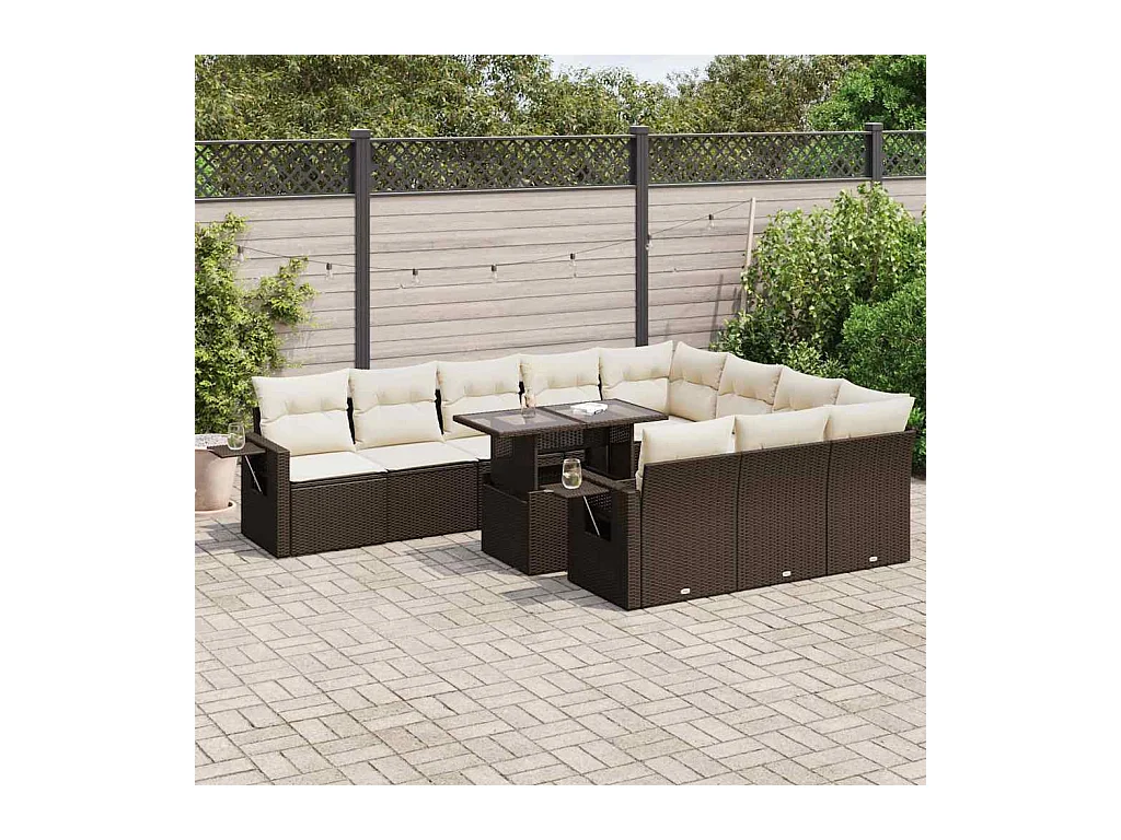 11-tlg. Garten-Sofagarnitur mit Kissen Braun Poly Rattan