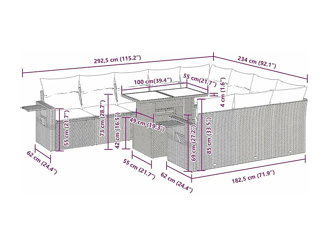 Salon de jardin et coussins 11 pcs marron résine tressée