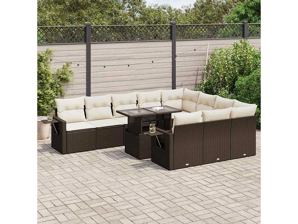 11-tlg. Garten-Sofagarnitur mit Kissen Braun Poly Rattan