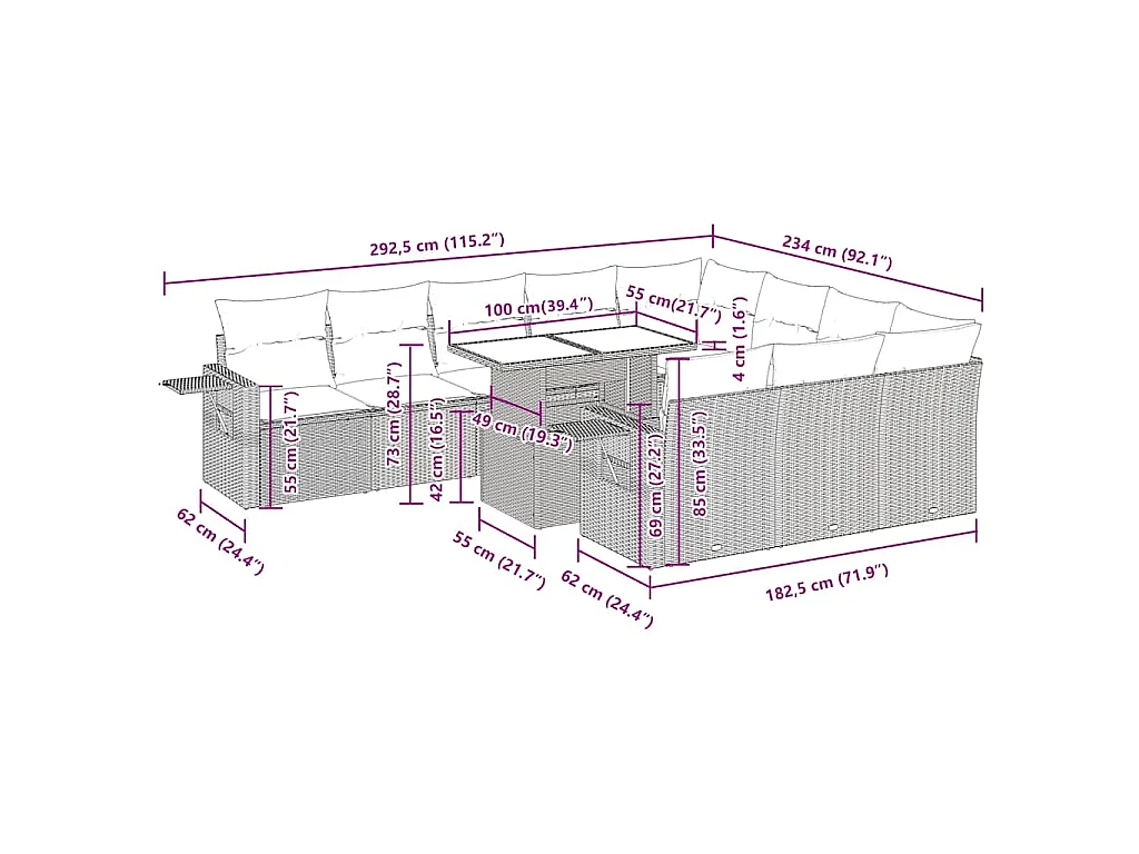 11-tlg. Garten-Sofagarnitur mit Kissen Braun Poly Rattan