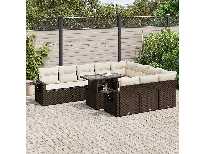Salon de jardin et coussins 11 pcs marron résine tressée