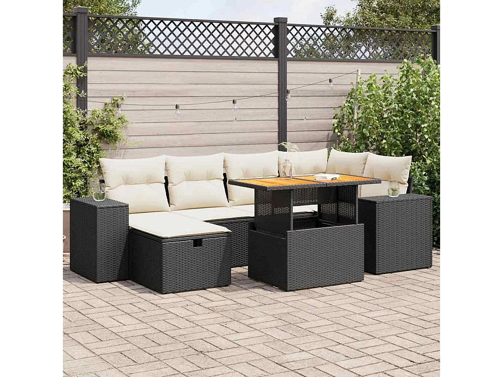 Set Divani da Giardino con Cuscini 8 pz Nero Polyrattan Acacia