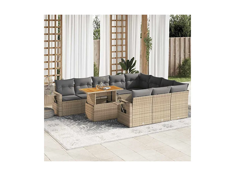 11 pcs conjunto sofás de jardim c/ almofadões vime PE bege