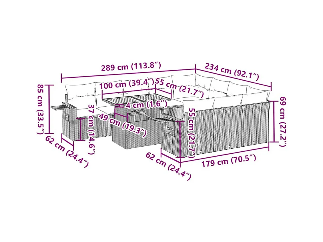 11-delige Tuinset met kussens poly rattan beige