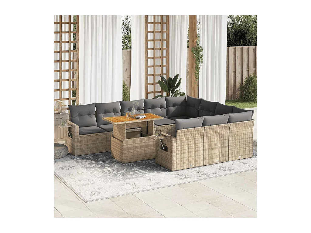 Set Divani da Giardino 11 pz con Cuscini Beige in Polyrattan