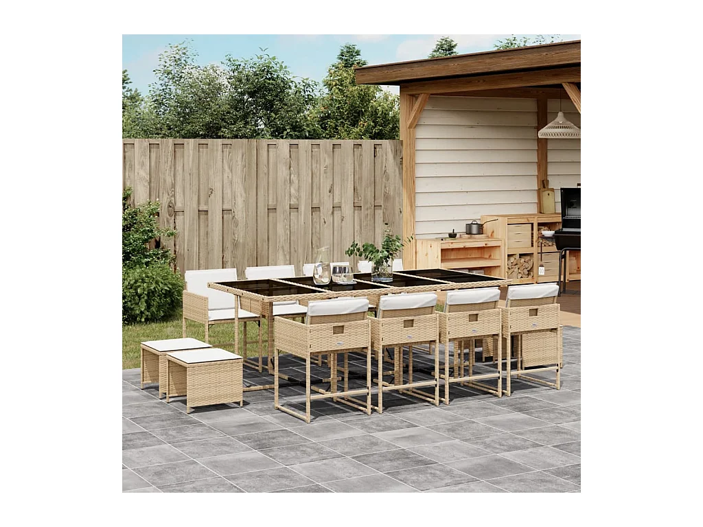 Set da Pranzo da Giardino 13 pz con Cuscini Beige in Polyrattan