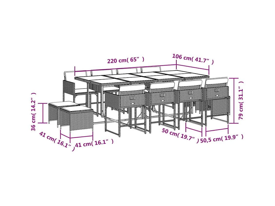 Set da Pranzo da Giardino 13 pz con Cuscini Beige in Polyrattan