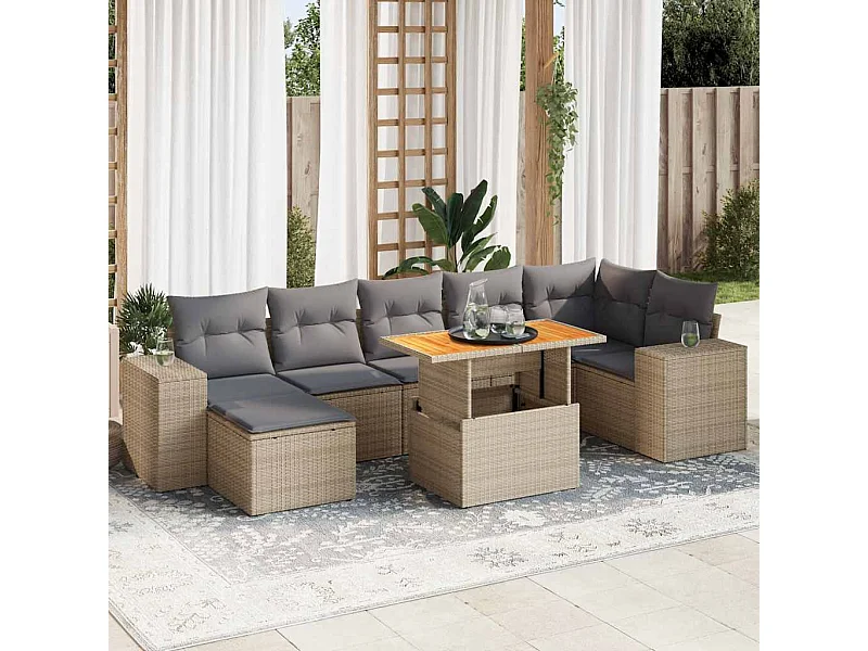 8-tlg. Garten-Sofagarnitur mit Kissen Beige Poly Rattan