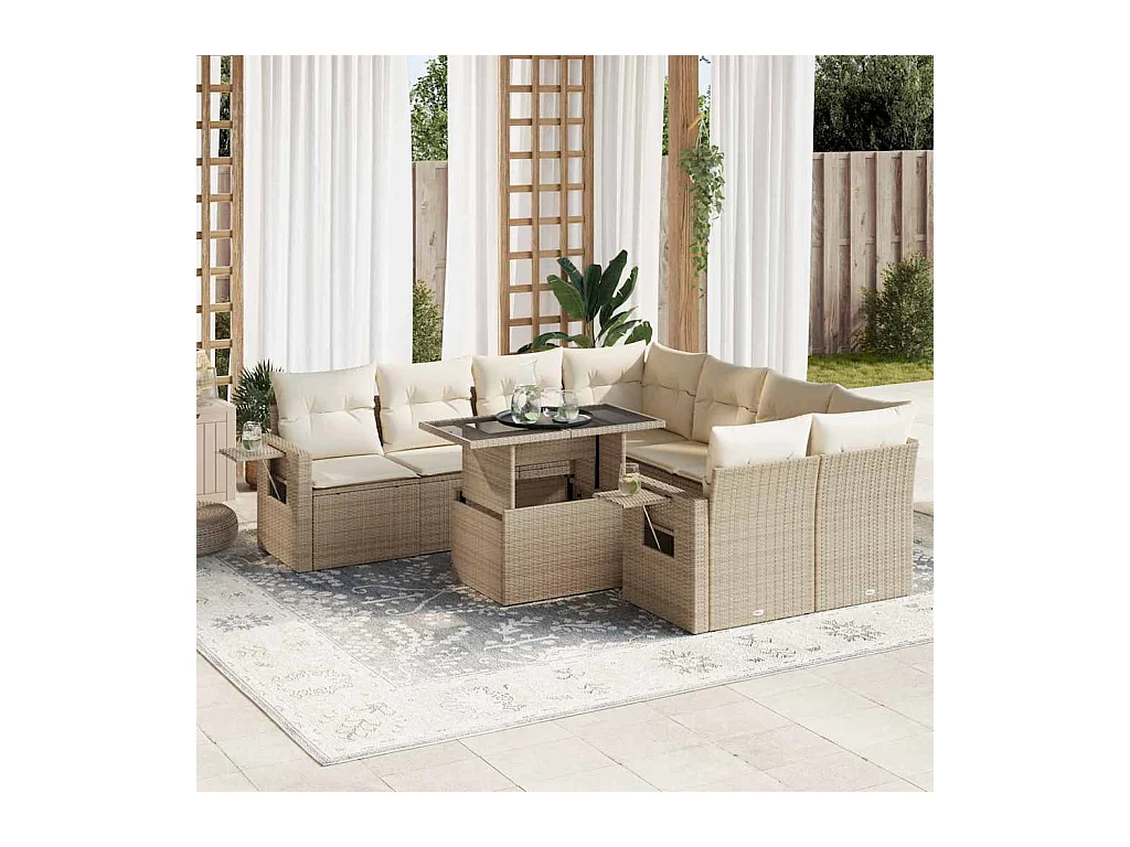 Salon de jardin avec coussins 9 pcs beige résine tressée