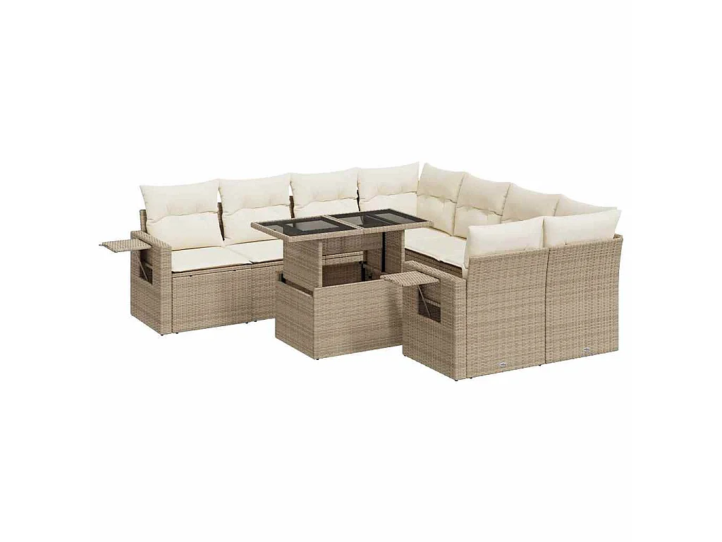 9-tlg. Garten-Sofagarnitur mit Kissen Beige Poly Rattan