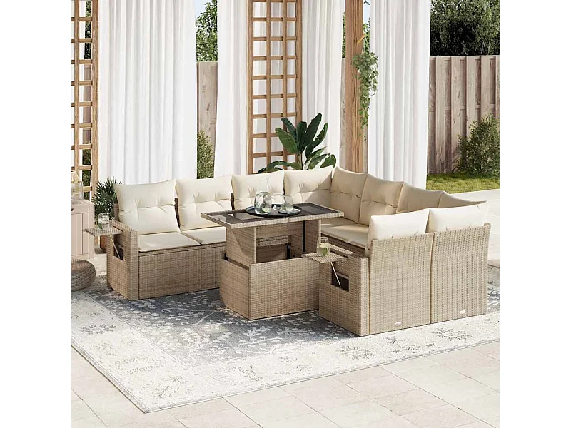 Salon de jardin avec coussins 9 pcs beige résine tressée