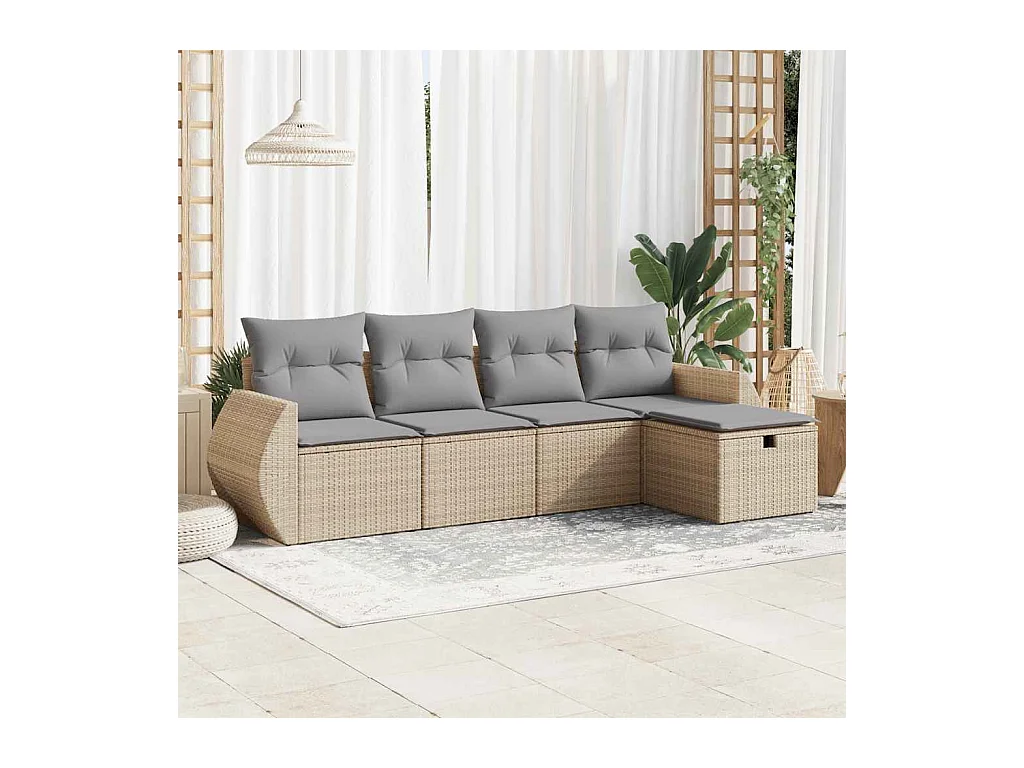 5-tlg. Garten-Sofagarnitur mit Kissen Beige Poly Rattan