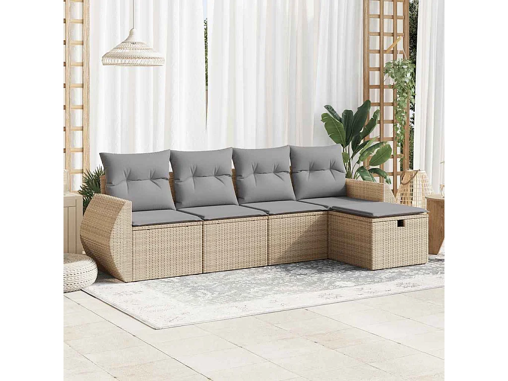 Salon de jardin avec coussins 5 pcs beige résine tressée