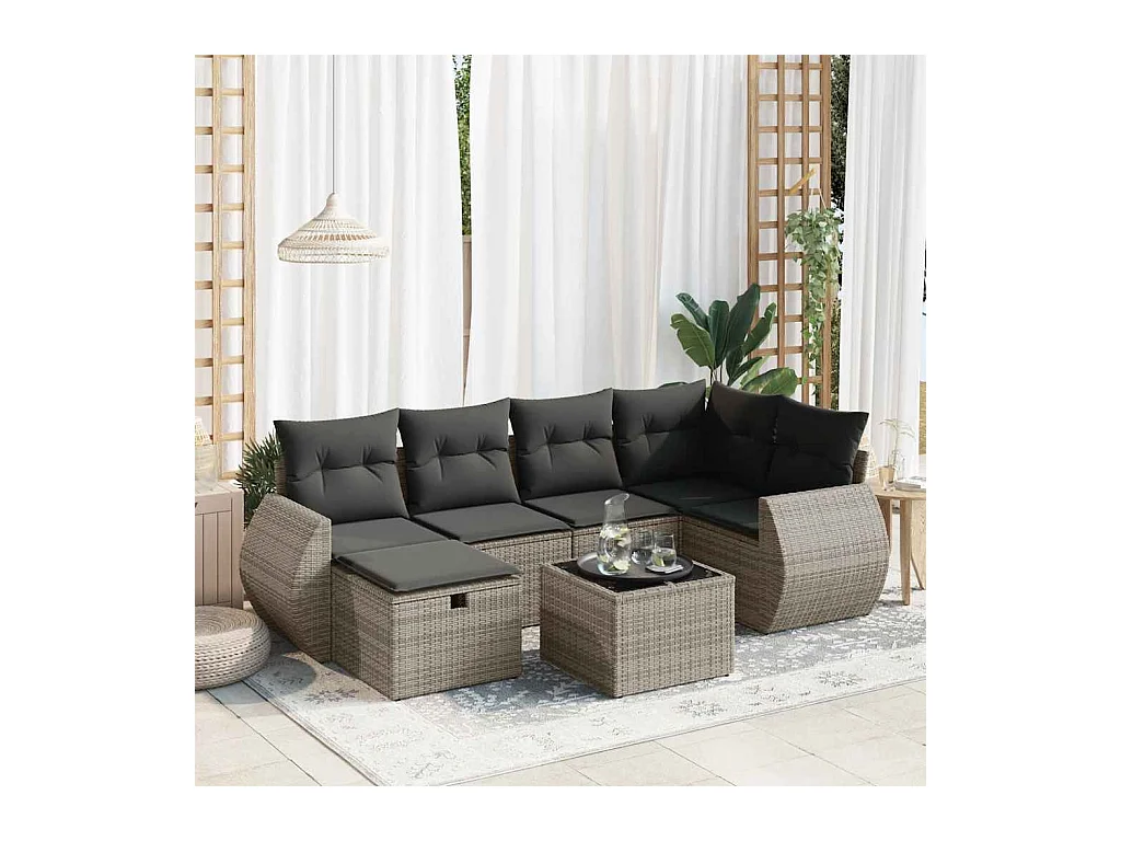 7-tlg. Garten-Sofagarnitur mit Kissen Grau Poly Rattan